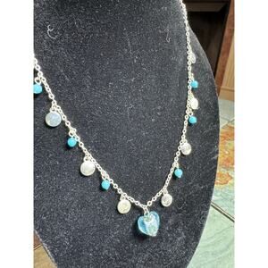 Silver Tone Blue Heart Charm Necklace with Beaded Drop Accents